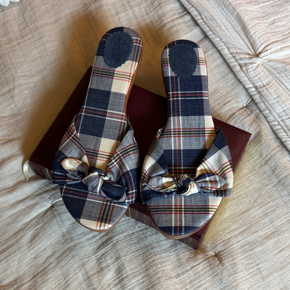 Never worn J Crew Navy Plaid Knot Slide Mules